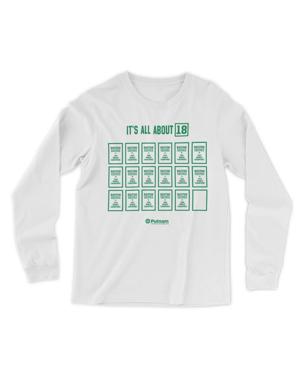 It's All About 18 Nba Finals Game 4 It's All About 18 Boston Celtics World Champions Putnam Investments Hoodie Men's Long Sleeved T-Shirt white s