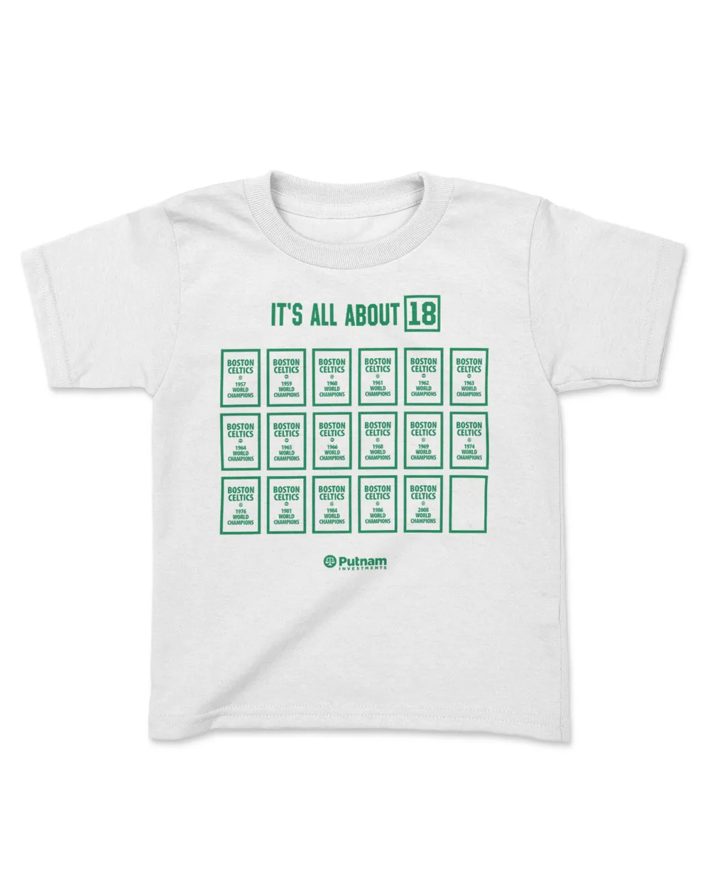 Putnam Investments It's All About 18 Shirt Boston Celtics World Champions Kids Standard T-Shirt white xs