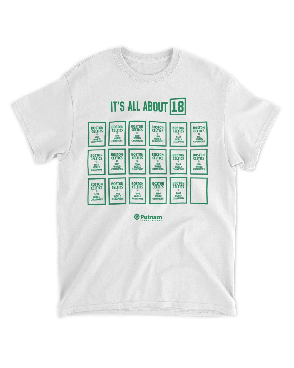 Putnam Investments It's All About 18 Shirt Boston Celtics World Champions Unisex Standard T-Shirt white s